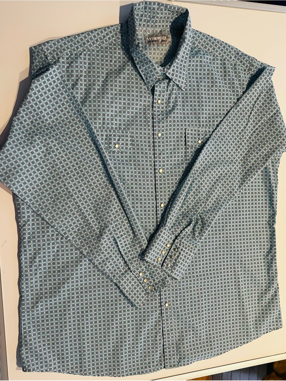Wrangler Rancher Pearl Snap Long Sleeve Button Up Dress Shirt XXL Blue Pattern